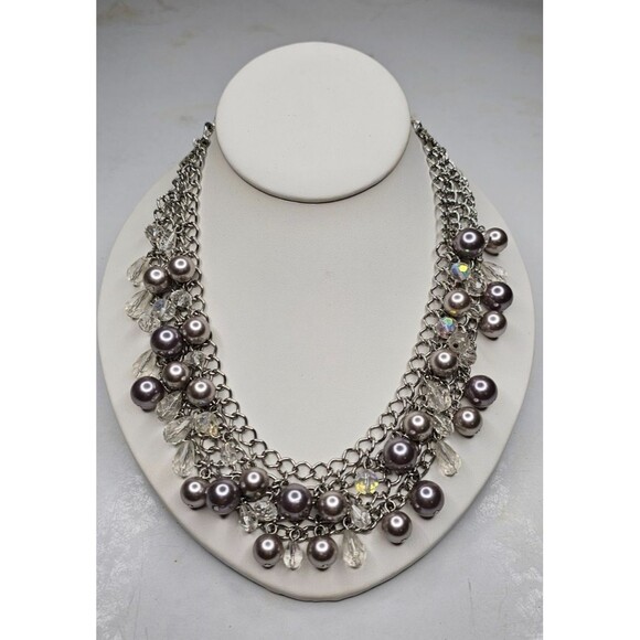 Statement Faux Pearl and AB Coated Cluster Beaded Choker Necklace 18" - Picture 3 of 4